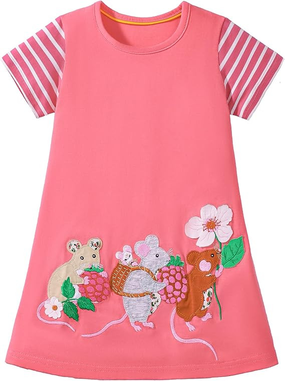 FreeLu Toddler Girls Striped Summer Dress Cartoon Appliques Dresses Girls Cotton Casual Clothing ... | Amazon (US)