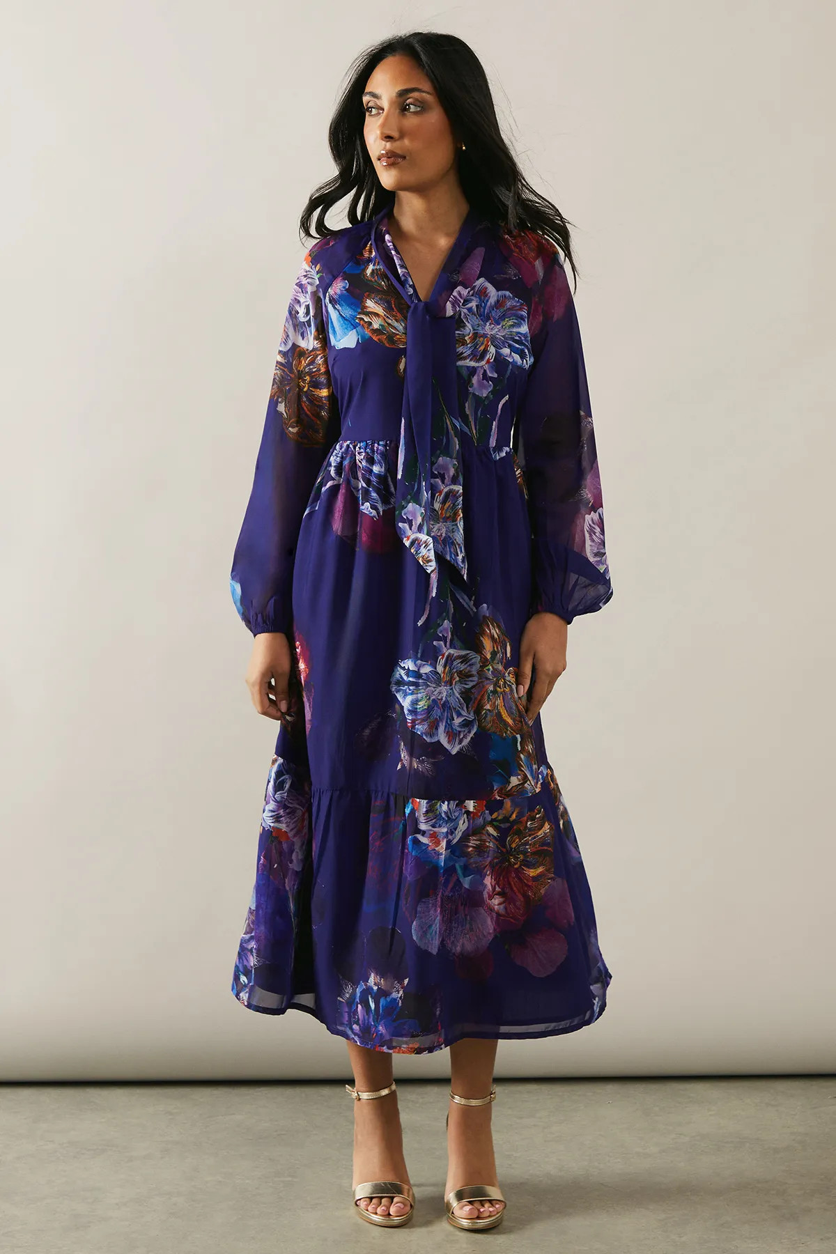 Dresses | Petite Printed Tie Neck Tiered Maxi Dress | Wallis | Debenhams UK