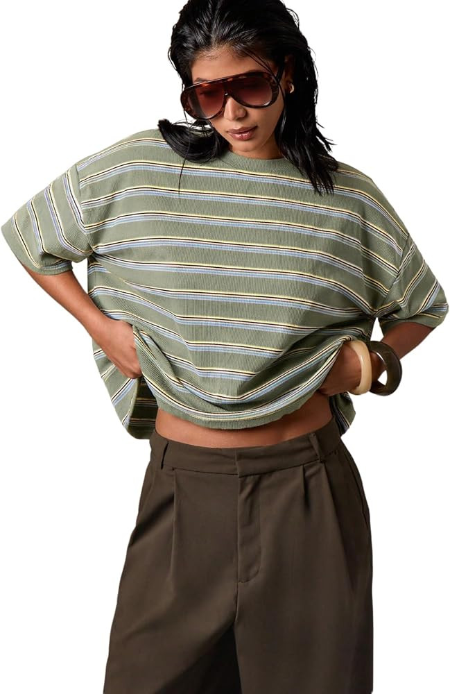 OYOANGLE Women's Oversized Striped T Shirts Ribbed Knit Short Sleeve Tops Crew Neck Y2k Summer Cl... | Amazon (US)