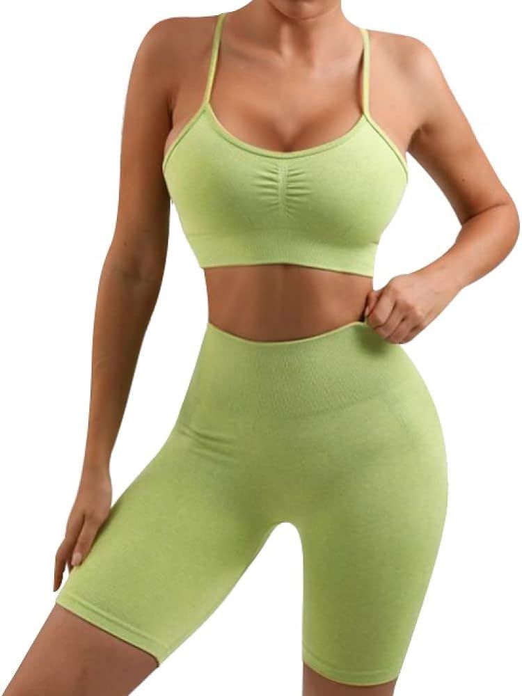 EUYZOU Women Butt Lifting Yoga Legging Shorts Sports Bras Set, Tummy Control 2 Piece Outfits Workout | Amazon (US)