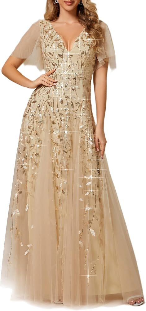 Ever-Pretty Women's Sequin Formal Dresses Evening Gown Sparkly V-Neck Short Sleeve Floor Length M... | Amazon (US)