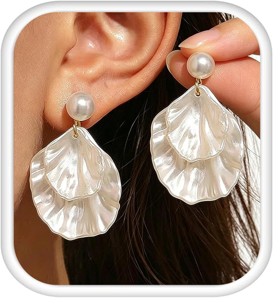 SmileBelle Pearl Earrings For Women, Shell Earrings as Beachy Outfits for Women, 14K Gold Flower ... | Amazon (US)