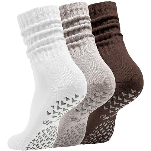Acomono Women’s Pilates Socks with Grips – 3 Pairs Scrunch Crew Non-Slip Yoga Barre Workout Hospital Slipper Slouch Socks (US, Numeric, 5, 11, Regular, Regular, White+Khaki+Brown) | Amazon (US)