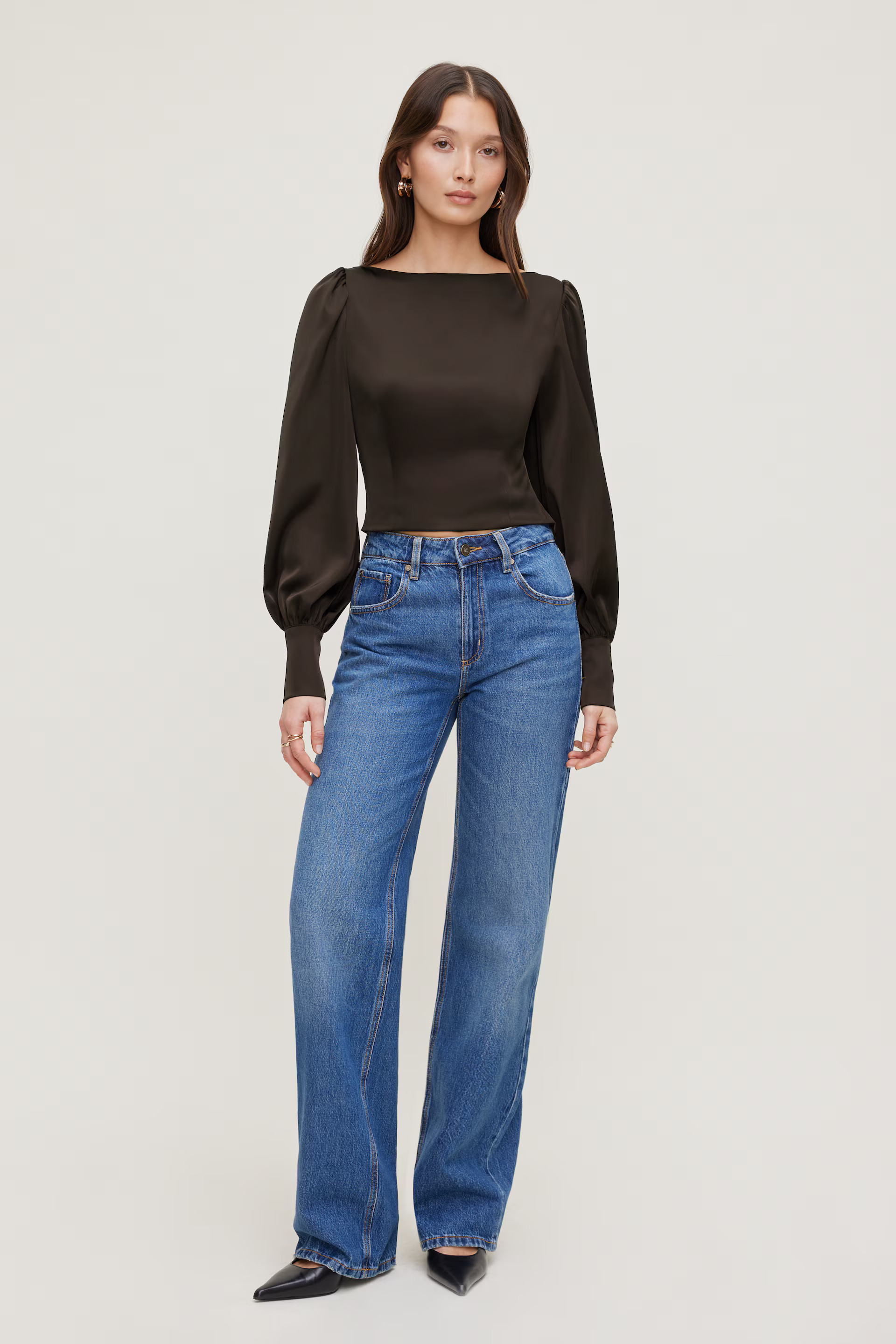Faye Cropped Boat Neck Satin Blouse | Dynamite Clothing