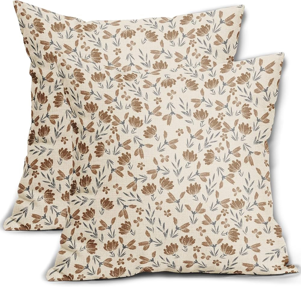 Brown Grey Gray Floral Pillow Covers 18x18 Set of 2 Vintage Rustic Old Style Cute Small Flower Pr... | Amazon (US)