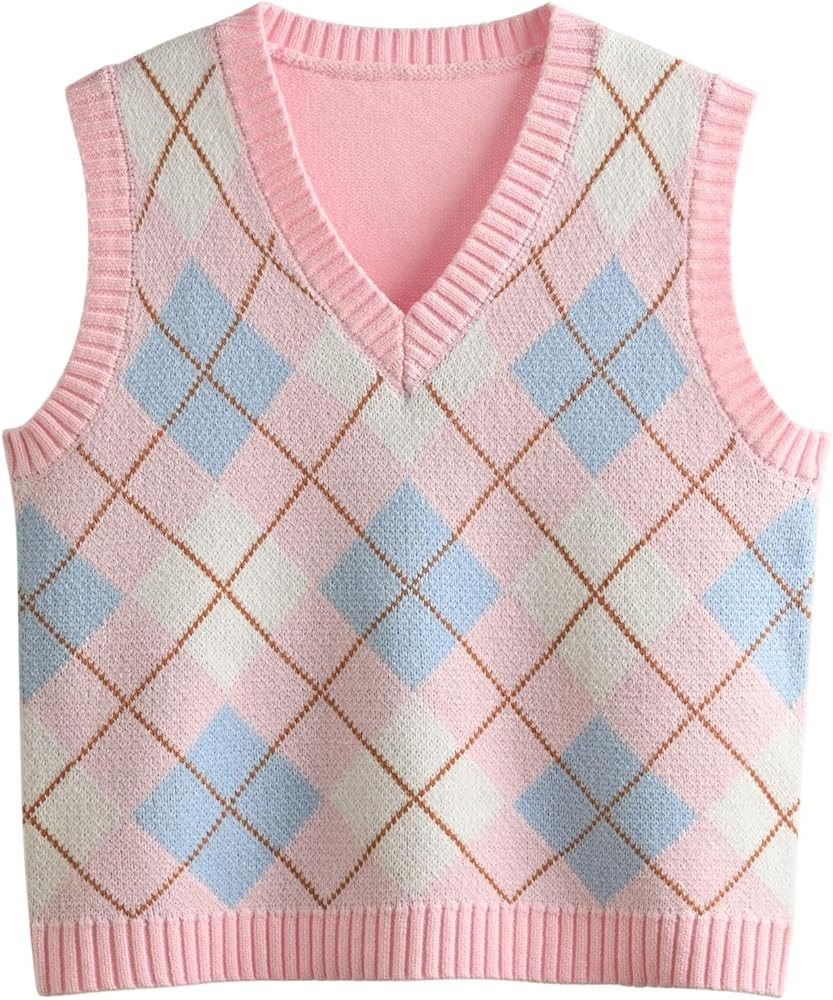 Hyipels Argyle Sweater Vest Women Y2K Plaid Knitted Streetwear Preppy Style V Neck Crop Knitwear ... | Amazon (US)