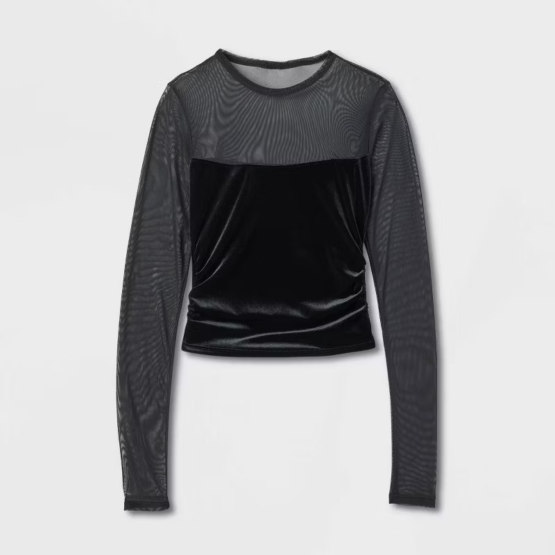 Women's Long Sleeve Mesh to Velour Party Top - Wild Fable™ | Target