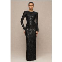 Stellar | Black Embellished Lace High-Neck Maxi Dress With Long Sleeves | Club L London
