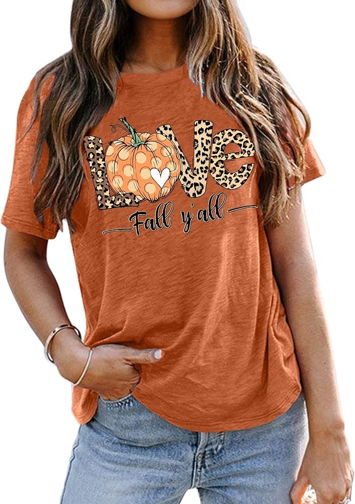 Love Fall Y'all Shirt Women Halloween Pumpkin Shirts Funny Pumpkin Graphic Tee Casual Fall Tee To... | Amazon (US)