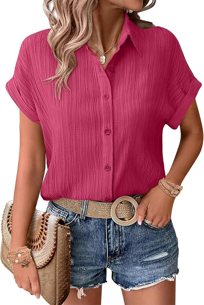 Zeagoo Womens Button Down Shirts Casual Short Sleeve Dress Shirt Textured Collared Summer Work Bl... | Amazon (US)