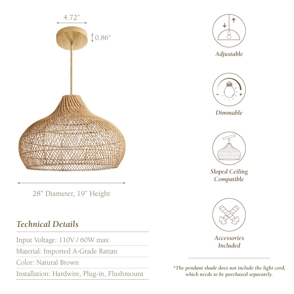 Kloe Brown Rattan Pendant Light – Large Polished Handwoven Ceiling Light Fixture for Living Roo... | Wayfair North America