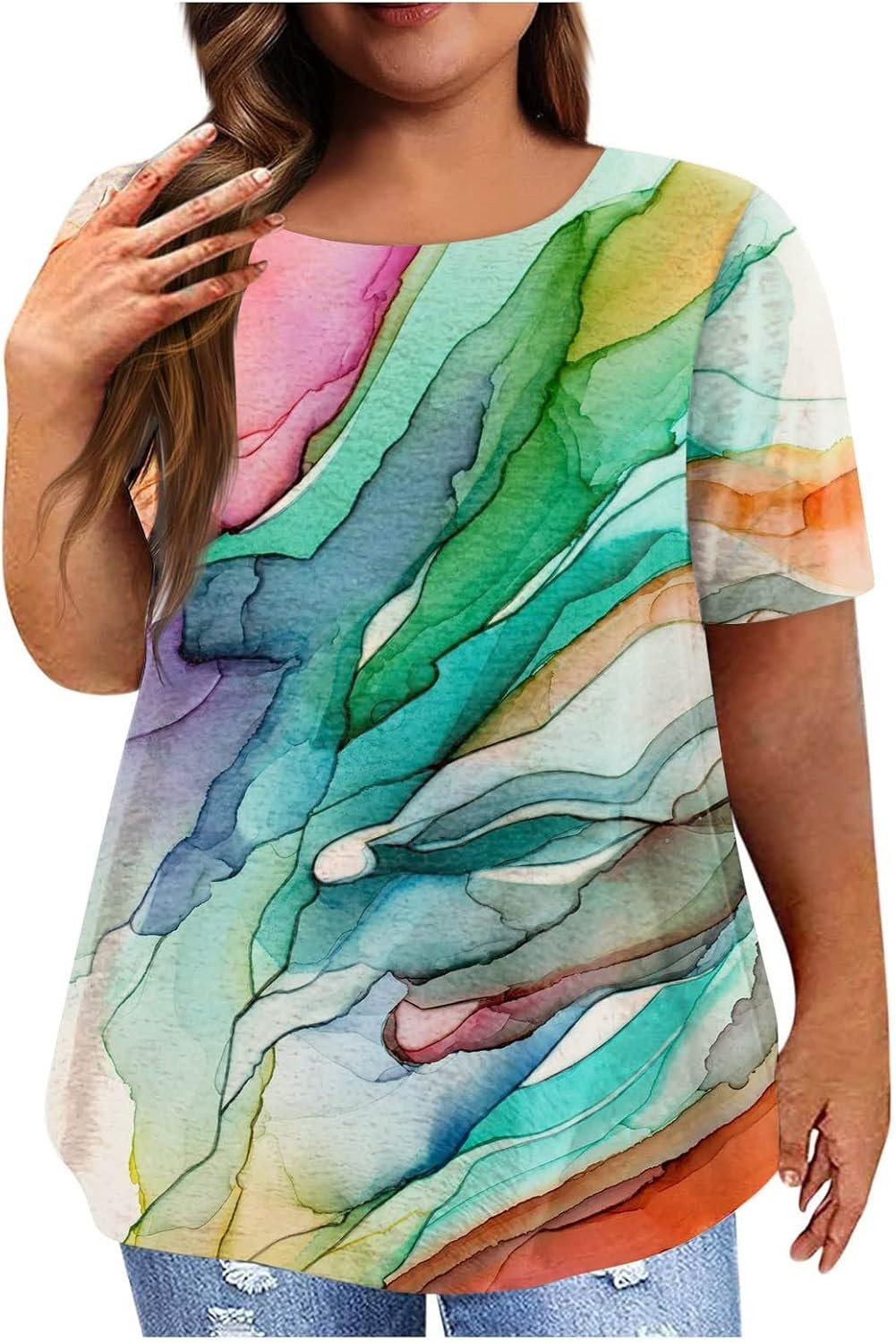 Women Tops and Blouses Short Sleeve Stylish Floral Patterned Shirts Curved Hem Design Casual Roun... | Amazon (US)