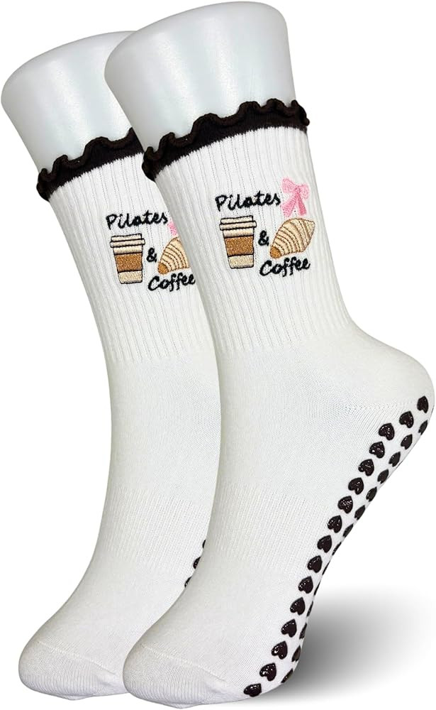 Grip Pilates Socks – “Pilates & Coffee” Non-Slip Yoga Socks for Women – White & Black Cof... | Amazon (CA)