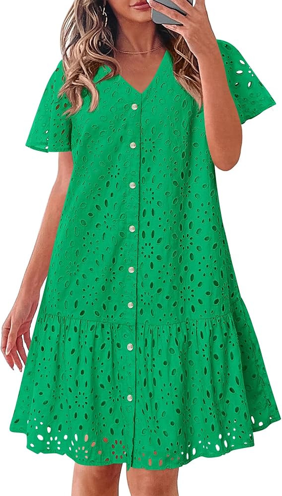 KIRUNDO Summer Dresses for Women 2025 Button Down V Neck Short Sleeve Hollow Out Lace A Line Casu... | Amazon (US)