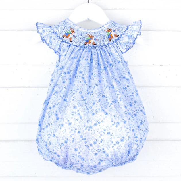 Storybook Rabbit Blue Floral Smocked Bubble | Classic Whimsy