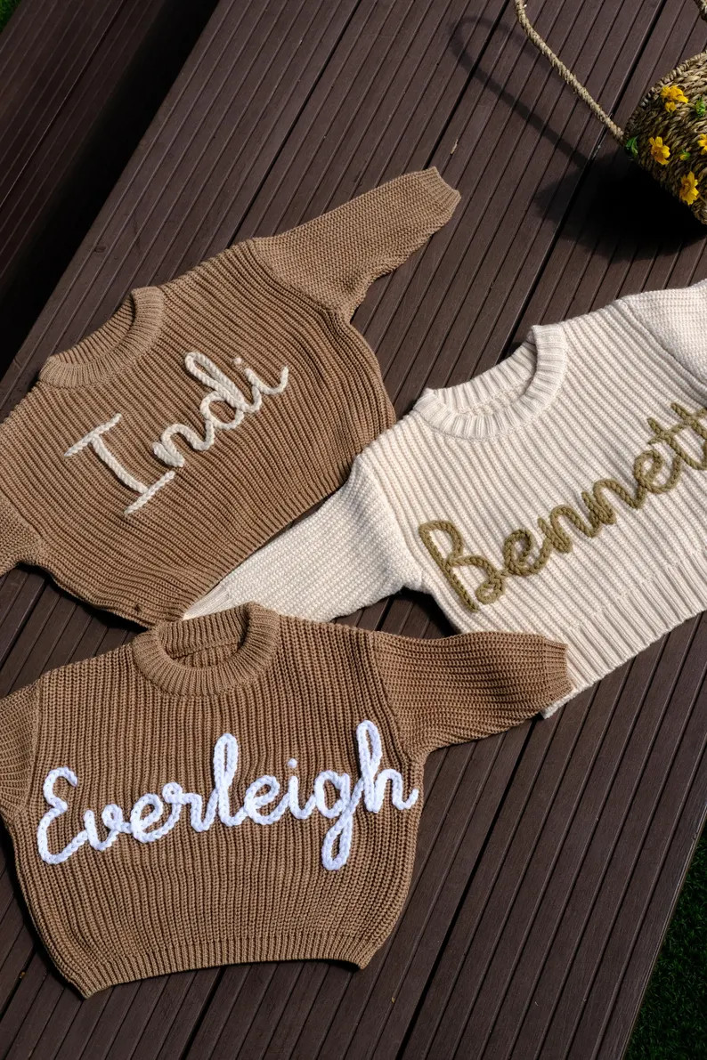 Hand Embroidered Name Baby Sweater, Custom Cotton Knit, Baby Boy Name Sweater - Etsy | Etsy (Global)