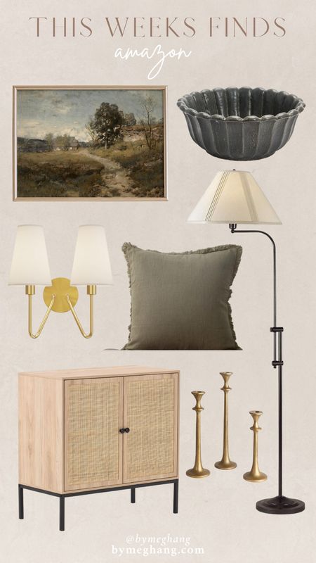 This weeks amazon home finds! Art prints, scalloped bowl, affordable sconces, linen pillow, pretty floor lamp, affordable media console, candle holders, transitional decor 

#LTKFind #LTKhome