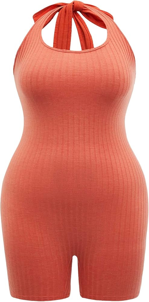 WDIRARA Women's Plus Size Halter Neck Sleeveless Tie Backless Ribbed Knit Unitard Romper Shorts | Amazon (US)