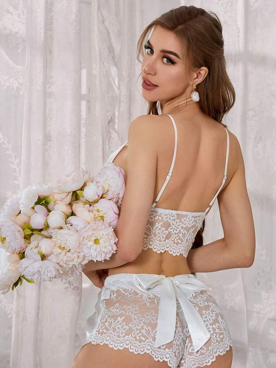 Butterfly Decorated Satin & Lace Pajama Set White Set | SHEIN