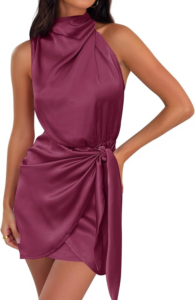 ZESICA Women's 2026 Fashion Satin Sleeveless Halter Neck Tie Waist Wrap Bodycon Cocktail Party Mi... | Amazon (US)