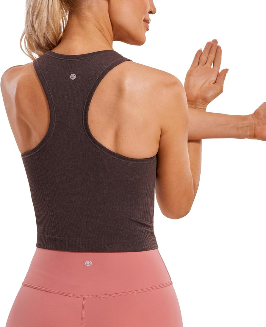 CRZ YOGA Womens Seamless Ribbed Longline High Neck Sports Bra - Racerback Padded Slim Fit Crop Ta... | Amazon (US)