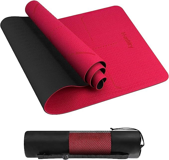 Yoga Mat Exercise Fitness Mat, Homtiky Non-Slip TPE Yoga Mat with Alignment Lines, 1/4 inch Eco F... | Amazon (US)