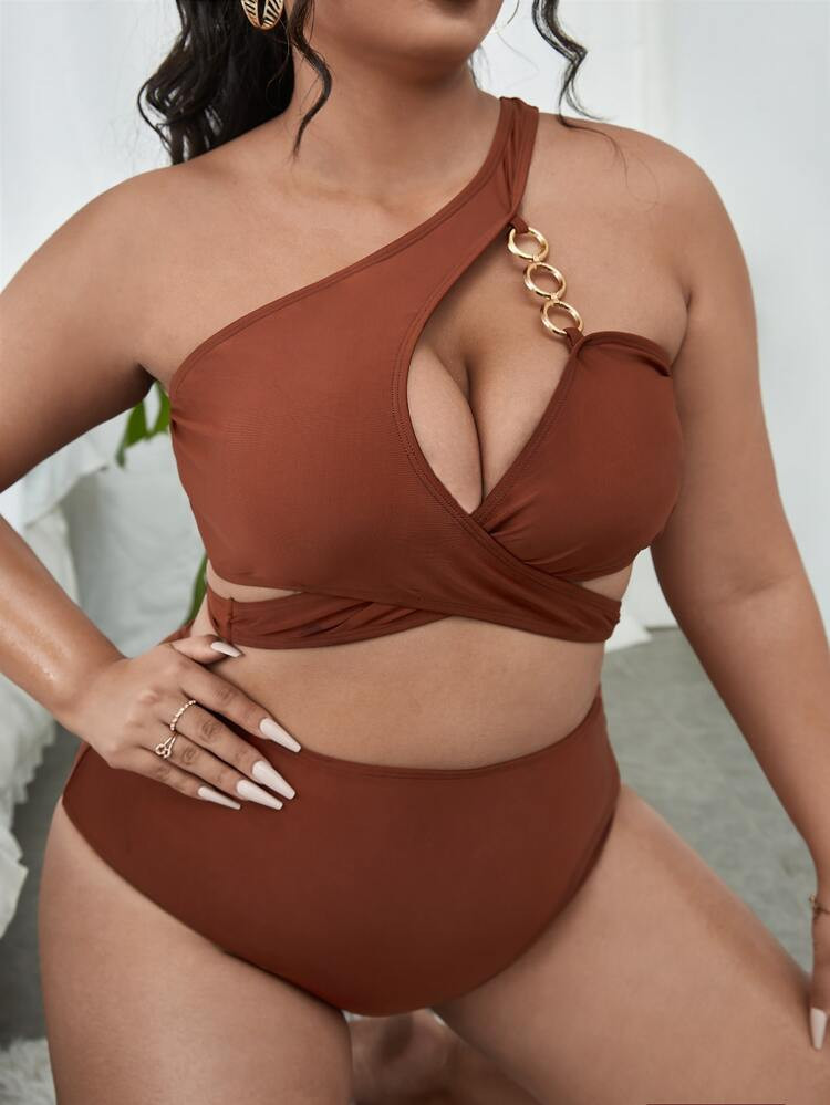 Plus Chain Linked Wrap One Shoulder Bikini Swimsuit | SHEIN