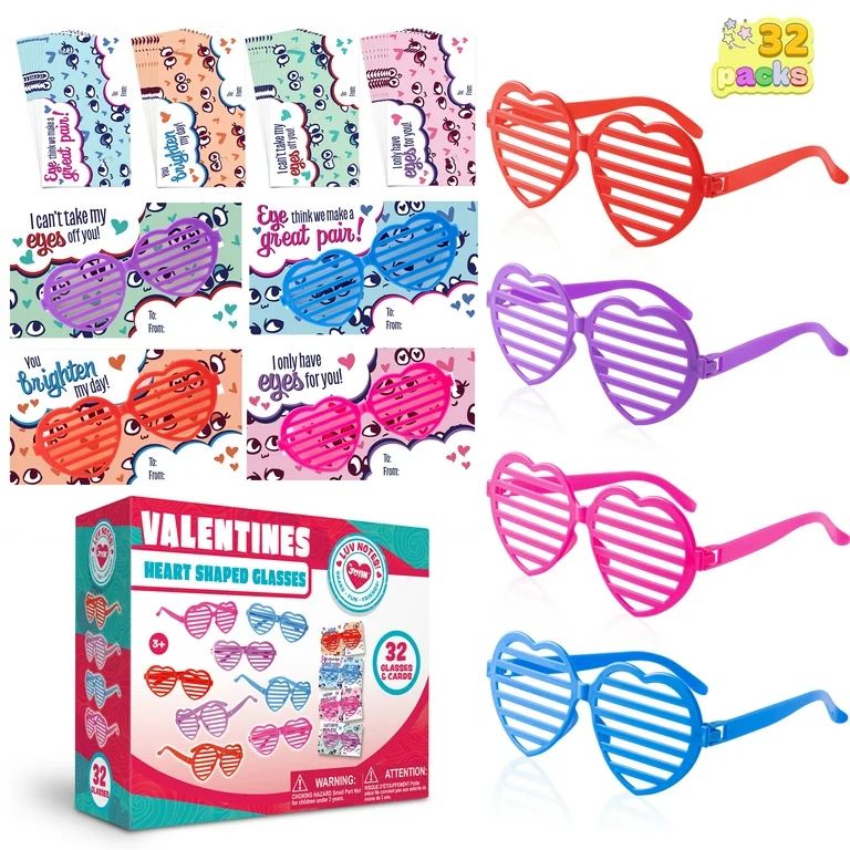 Syncfun 32 Packs Valentines Day Cards with Heart Shaped Glasses for Kids, Valentines Exchange Car... | Walmart (US)