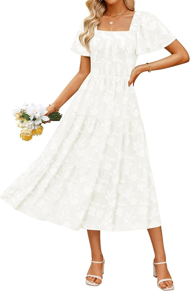 ZESICA Women's Summer Boho Floral Midi Dresses 2025 Casual Short Sleeve Square Neck Flowy Beach V... | Amazon (US)