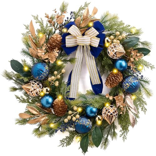 DecorbyHannah 24" Pre-Lit Christmas Wreath for Front Door with Lights, Large Blue Bronze Lighted Christmas Wreaths for Window with Bow Ornaments, Battery Operated Outdoor Winter Xmas Wreath Decor | Amazon (US)