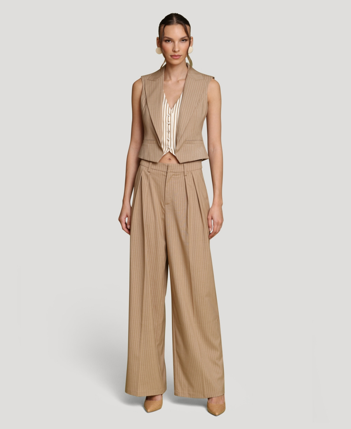 Avec Les Filles Women's High-Rise Wide Leg Trousers - Camel Pinstripe | Macy's