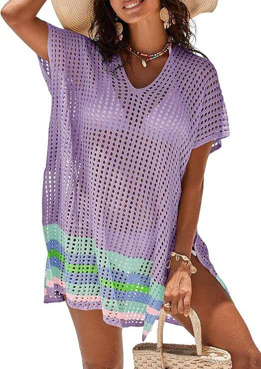 Dokotoo Women's Swimwear Beach Bikini Swimsuit Color Block Cover-ups Crochet Striped Side Split M... | Amazon (US)