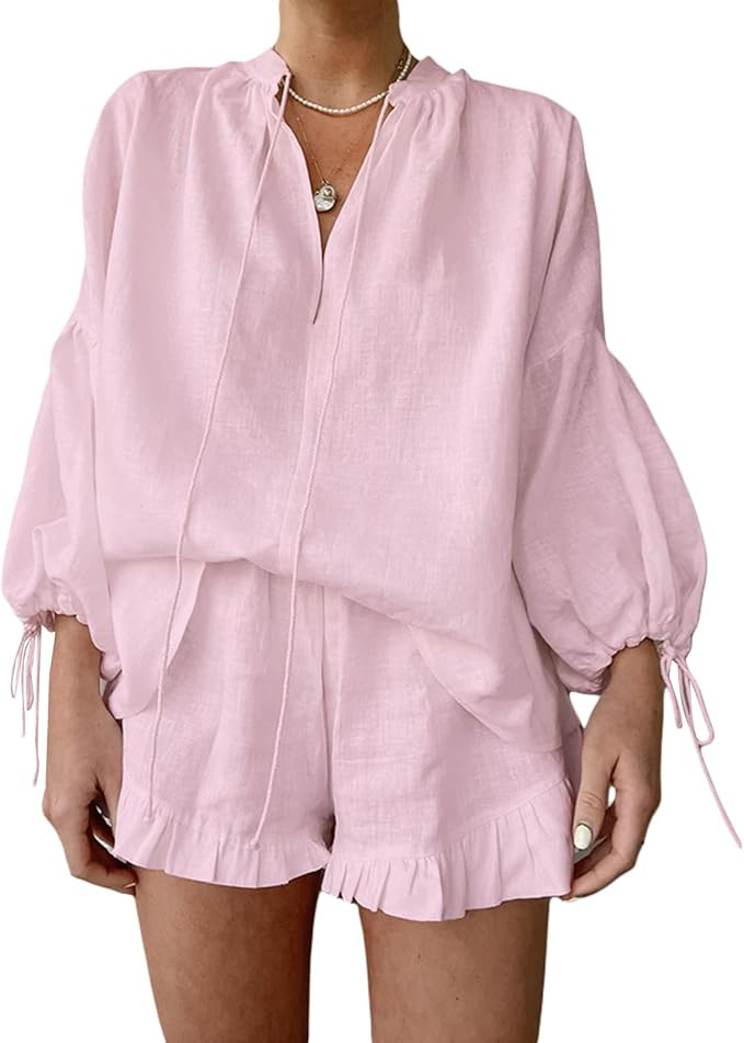 Mxiqqpltky Linen Shorts Sets Women 2 Piece Outfits Long Sleeve Tie Front Tops and Ruffled Boxer S... | Amazon (US)