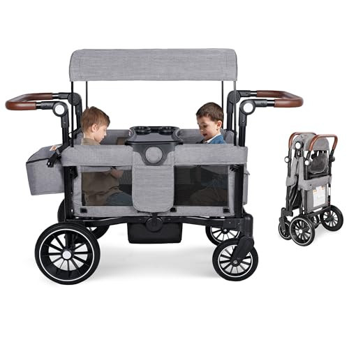 TODEFULL Foldable Wagon Stroller, All-Terrain Stroller Wagon for 2 Kids, Kids Wagon Cart Featuring with Harnesses, Adjustable Double Push Handle, Convert to Baby Bassinet, Large Storage Bag, Grey | Amazon (US)