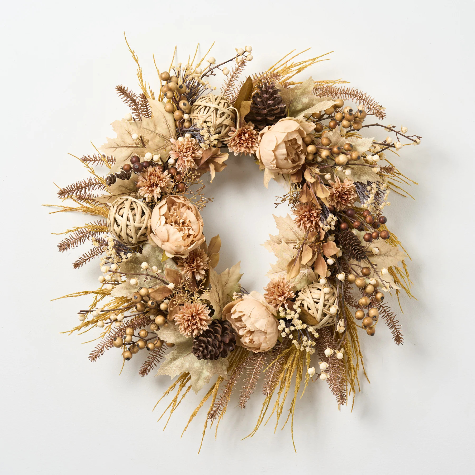 Tiramisu Layers - Autumn Peony, Pampas Grass, Rattan Ball & Pine Front Door Fall Wreath | Darby Creek Trading