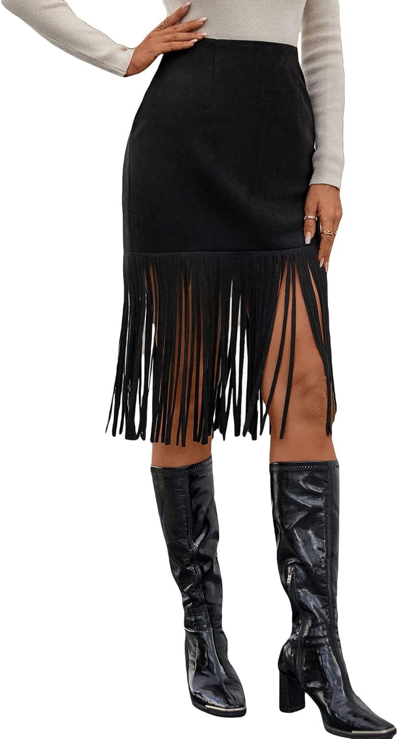 WDIRARA Women's Tassel Fringe Trim Faux Suede Straight Hem High Waisted Midi Skirt | Amazon (US)