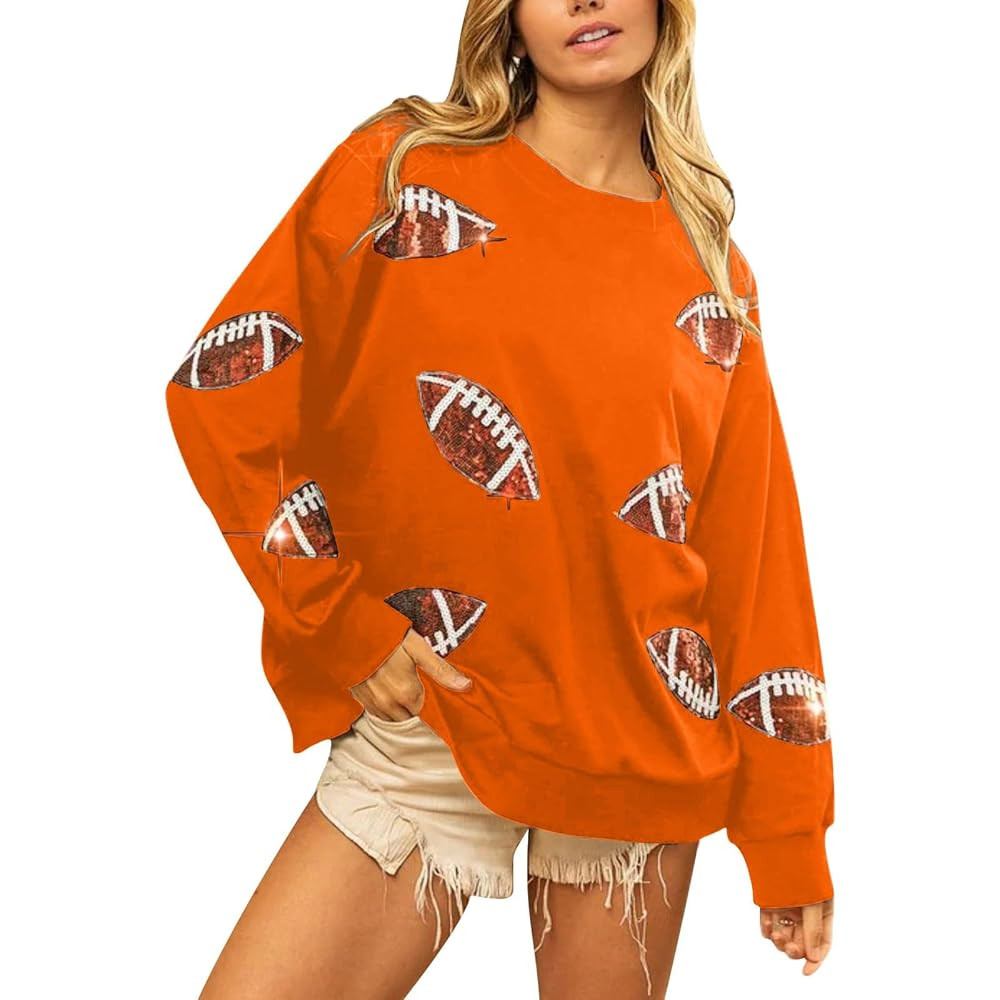 Womens Sparkle Football Sequin Rugby Sweatshirt Plus Size Crewneck Oversized Shirt Long Sleeve Y2... | Amazon (US)