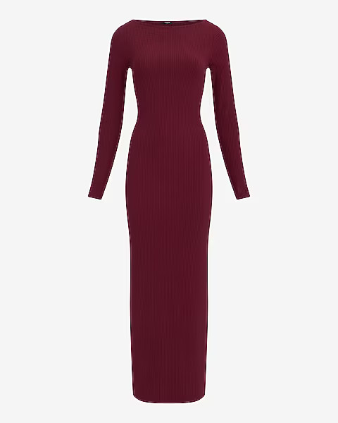 Ribbed Knit Boat Neck Long Sleeve Maxi Sheath Dress | Express