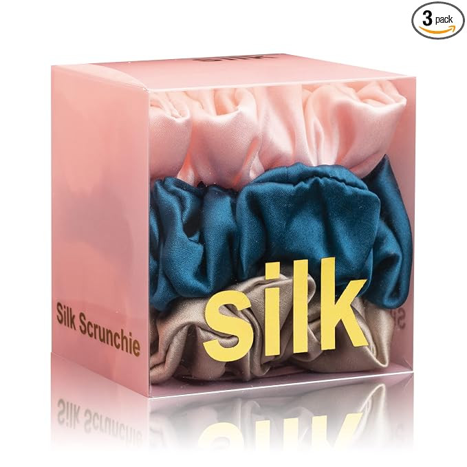 Silk Scrunchies for Hair 100% Mulberry Silk Hair Ties 3 Pack(Pink, Peacock Blue, Apricot) | Amazon (US)