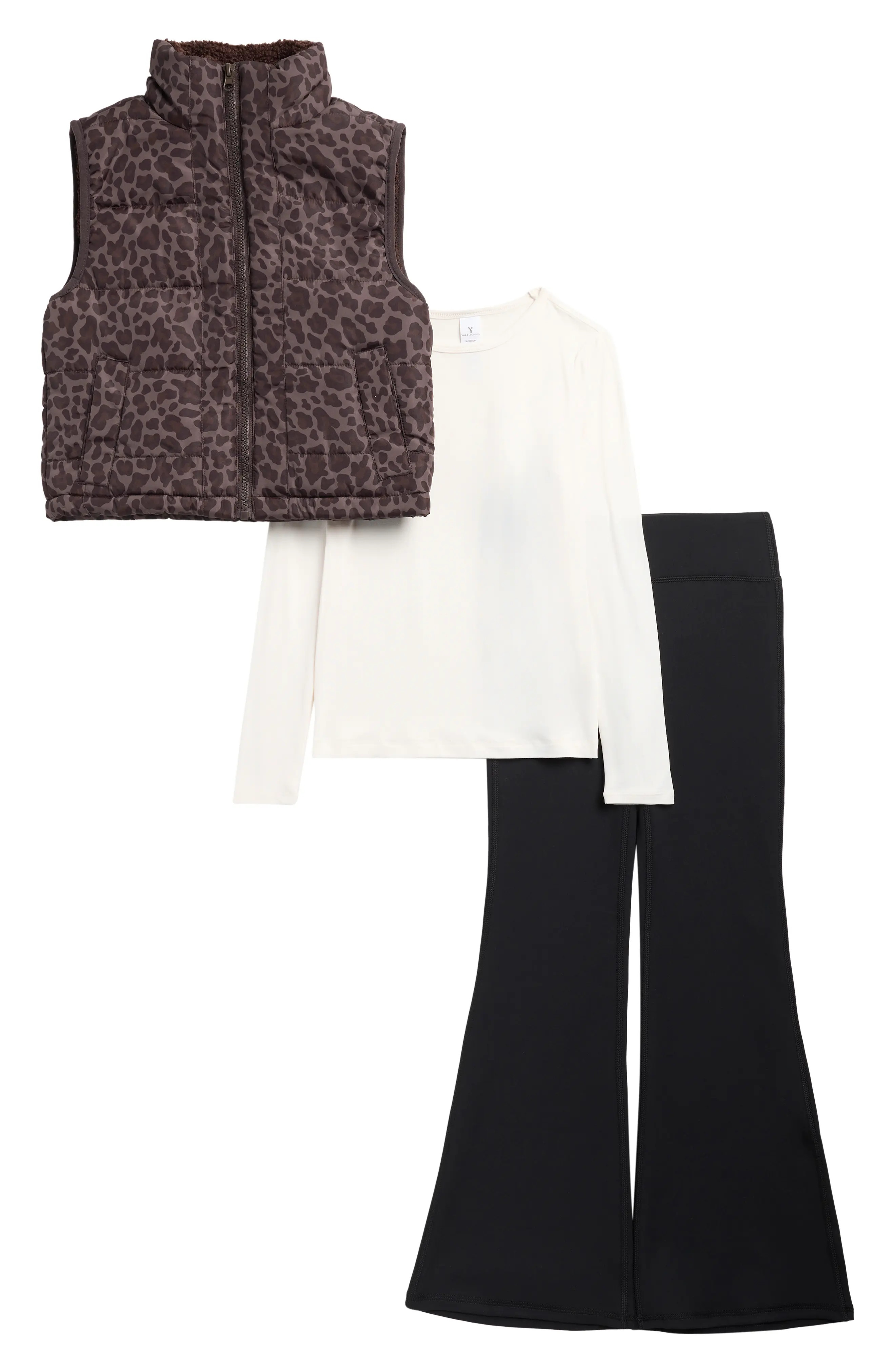 YOGALICIOUS Kids' Keepin' Cozy T-Shirt, Flare Leggings & Quilted Vest Set | Nordstromrack | Nordstrom Rack
