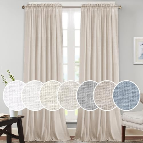 PrinceDeco Light Filtering Linen Curtains with Soft Linen Burlap, Rod Pocket Decorative Rustic & Casual Window Drapes for Living Room/Bedroom, Angora, 2 Pair, W52 x L108 | Amazon (US)