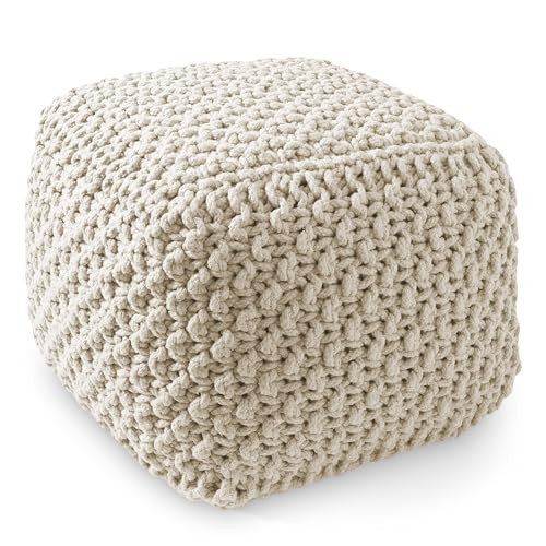 Casafield Square Pouf Ottoman, Natural - 18.5" W x 18.5" D x 14.5" H Cotton Knit Foot Stool - Boho Floor Pouffe for Living Room, Bedroom, Home Office | Amazon (US)