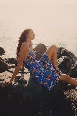 NWT ANTHROPOLOGIE EMILY SHIRRED BODICE HALTER TIE NECK MINI DRESS BLUE FLORAL XS | eBay US