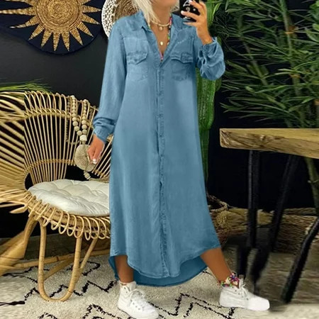 Dyfzdhu Dresses For Women Casual Solid Denim Dress V Neck Long Sleeve Button Pocket Loose Long Dress | Walmart (US)
