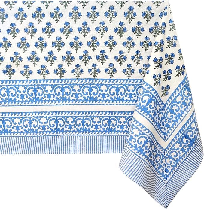 ATOSII Gulbahar White Blue 100% Cotton Fall Rectangle Tablecloth, Handblock Print Floral Table Cl... | Amazon (US)