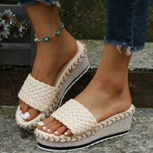 Weave Detail Espadrille Wedge Slide Sandals | SHEIN