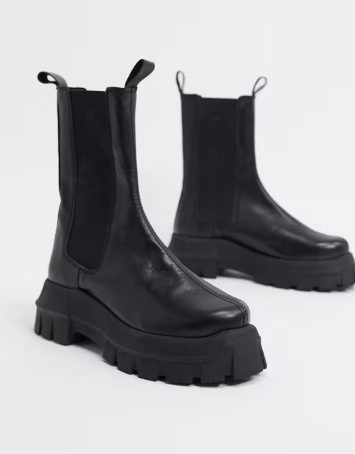 ASOS DESIGN Aqum premium leather chunky chelsea boots in black | ASOS (Global)