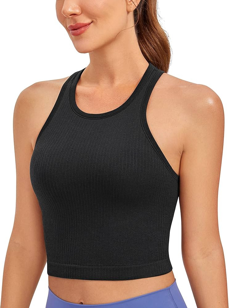 CRZ YOGA Womens Seamless Ribbed Longline High Neck Sports Bra - Racerback Padded Slim Fit Crop Ta... | Amazon (US)