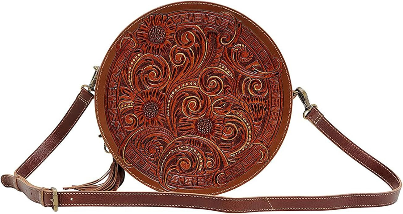 Myra Bag Western Leather Round Bag for Women - Crossbody Purse Shoulder Bag Crimson Orchid | Amazon (US)
