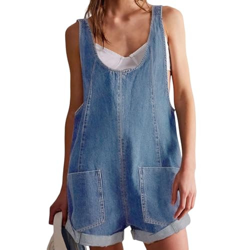 Wabkderpu Womens Denim Romper Overalls Casual Sleeveless V Neck Jean Overall Shorts Jumpsuit Summer Outfits with Pockets 2026 | Amazon (US)